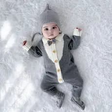 Menino bebê infantil outono inverno primavera lua cheia cem dias de idade vestido de um ano cavalheiro malha gravata bor