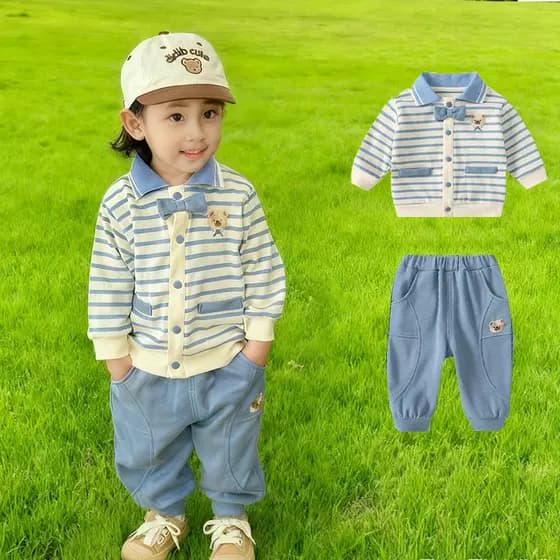 Crianças outono ternos do bebê meninos listrado roupas versão coreana urso moletom Cardigan calças compridas para fora t