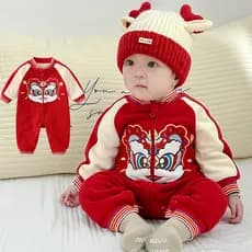 Roupas de inverno para bebês, além de veludo, pequeno tigre, roupas de ano novo, vermelho, festivo, recém-nascido, macac