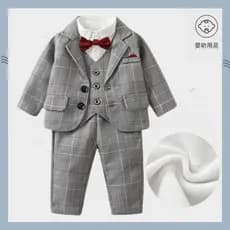 Terno de um ano para menino, vestido de primavera infantil, vestido de lã quente de um ano, terno pequeno de quatro peça
