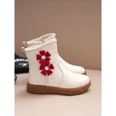 Meninas meninas flor princesa botas de cano médio botas de couro infantil 2025 inverno novo estilo engrossado mais velud