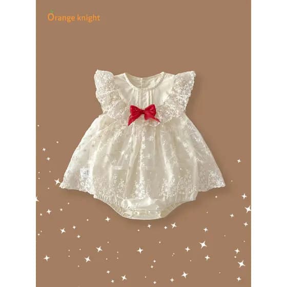 Mês inteiro cem dias bebê menina estilo verão em torno do pescoço manga curta Bowknot gaze costura Design punhos estilo