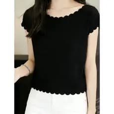 Puro preto simples borda ondulada de manga curta pequeno homem mais magro olhar básico camiseta feminina fungo borda nov