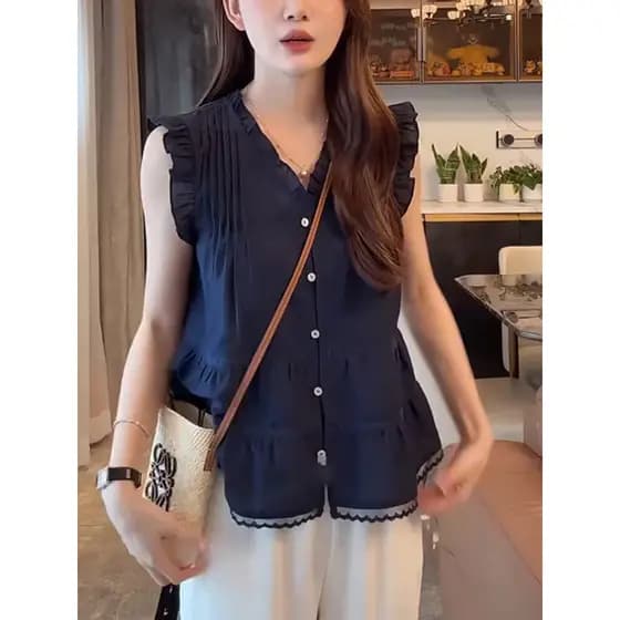 Verão novo estilo estilo coreano estilo Casual sem mangas mais magro olhar camisa feminina estilo ocidental com decote e
