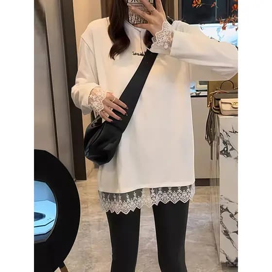 Renda costura em torno do pescoço de manga comprida camiseta feminina primavera comprimento médio sensação solta cobrind