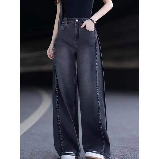 Design preto sentimento chique Jeans senhoras primavera outono Popular Retro solto reto Machete calças de perna larga