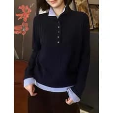 Costura falsa de duas peças contraste cor gola alta pulôver topo feminino primavera versão coreana Design elegante malha