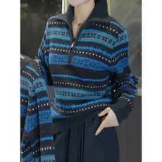 Primavera outono Jacquard cor combinando meio zíper gola alta moda solta Casual camisola feminina pulôver Bottoming em c