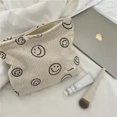 Retro veludo Smiley Face saco cosmético portátil grande capacidade moeda bolsa ins estilo menina estudante coreano