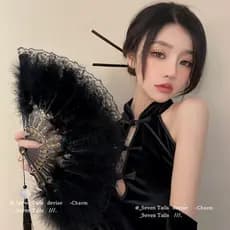 Leque de penas antigo Cheongsam feminino passarela leque dobrável Hanfu ano novo leque de renda preta leque de dança ret