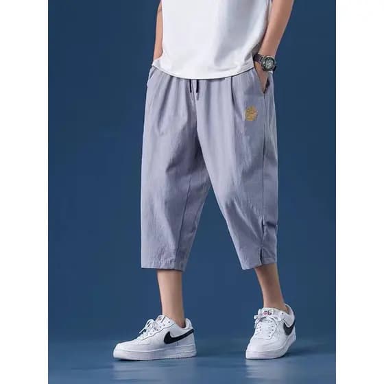 Calças cortadas masculinas verão fino solto calças de linho estilo chinês calças de linho de algodão calças masculinas d