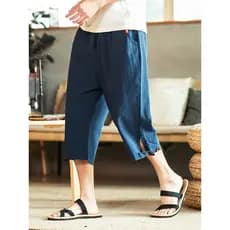 Calças cortadas de linho masculinas verão fino solto estilo chinês calças de praia masculinas linho algodão Harem calças