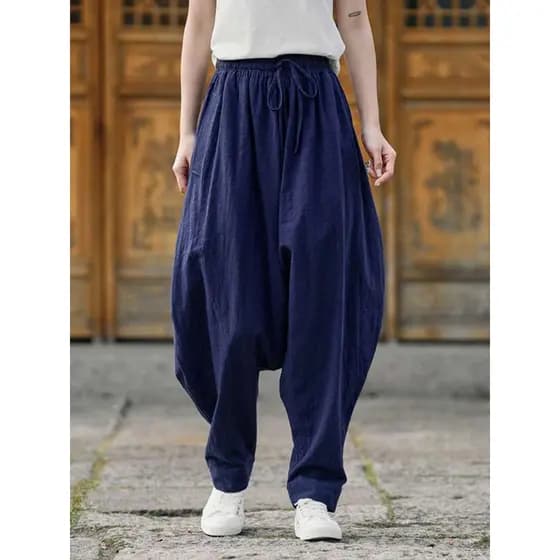 Bloomers unissex tamanho grande solto algodão linho primavera verão calças novo estilo chinês Bungee feminino meditação