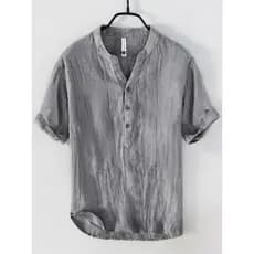 Novo estilo de verão linho manga curta camiseta masculina Casual gola alta pulôver camisa nacional na moda