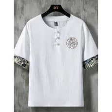 Algodão linho verão camiseta masculina bordado solto tamanho grande Tang terno meia manga linho masculino de manga curta