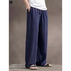 Estilo solto linho calças casuais masculinas verão estilo fino chão-esfregando em linha reta perna larga algodão chinês