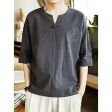 Novo estilo chinês algodão linho manga três quartos camiseta masculina de manga curta Retro fivela solta linho masculino