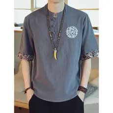 Linho de manga curta camiseta masculina com decote em V algodão linho meia manga estilo chinês solto masculino Street We