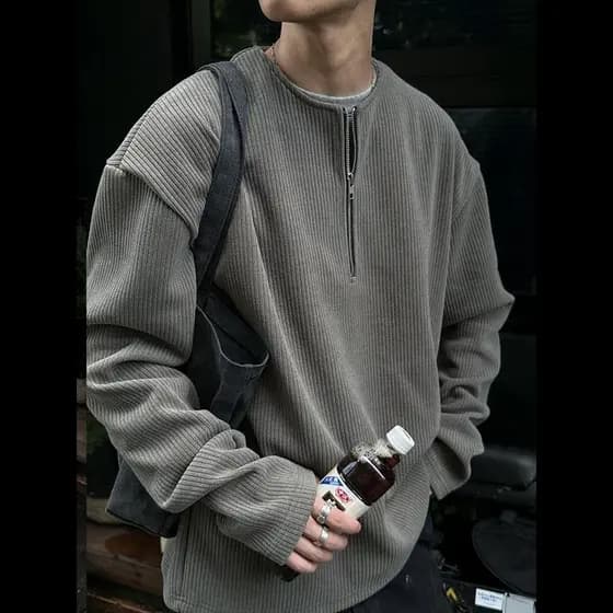 2025 Henry colarinho europeu Pit Strip textura tecido meio zíper moletom masculino primavera outono estilo preguiçoso pu