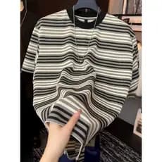 Camiseta masculina listrada de manga curta luz luxo cem verão solto em torno do pescoço na moda contraste cor moda meia
