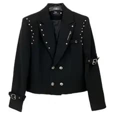 Metal rebite Design preto curto pequeno terno meninos nicho na moda duplo Breasted Casual solto ombro almofada terno