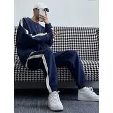 Outono novo estilo lado listrado em torno do pescoço Casual esportes um conjunto masculino americano solto moletom conju