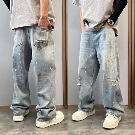 American High Street Angustiado Rasgado Pintura Dot Drape Solto Reto Calças de Perna Larga Casual Design Lavado Jeans