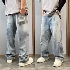 American High Street Angustiado Rasgado Pintura Dot Drape Solto Reto Calças de Perna Larga Casual Design Lavado Jeans