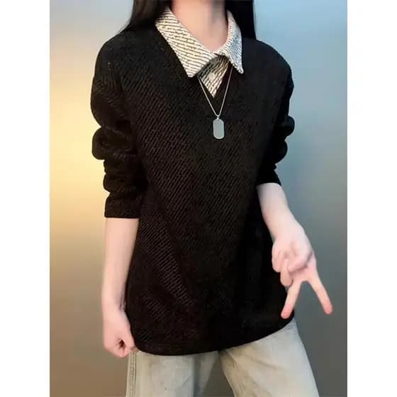 Japonês Retro falso camisola de duas peças das mulheres dos homens outono inverno solto Casual All-Match casal Wear Swe