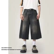 H HBZ Retro Distressed cleanfit Denim Shorts Soltos Calças Cortadas de Perna Larga Estilo Japonês Rua Hip-Hop Tren
