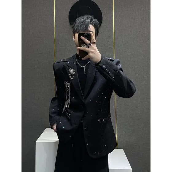 Nicho broche pendurado corrente terno preto High-End sentido Gypsophila espumante terno jaqueta masculina versão coreana