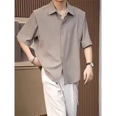 Camisa de manga curta de seda gelo masculina verão luz estilo maduro botão oculto meia manga versão coreana na moda High