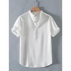 Verão novo estilo masculino linho camisa de manga curta gola alta algodão linho masculino Retro respirável Casual solto