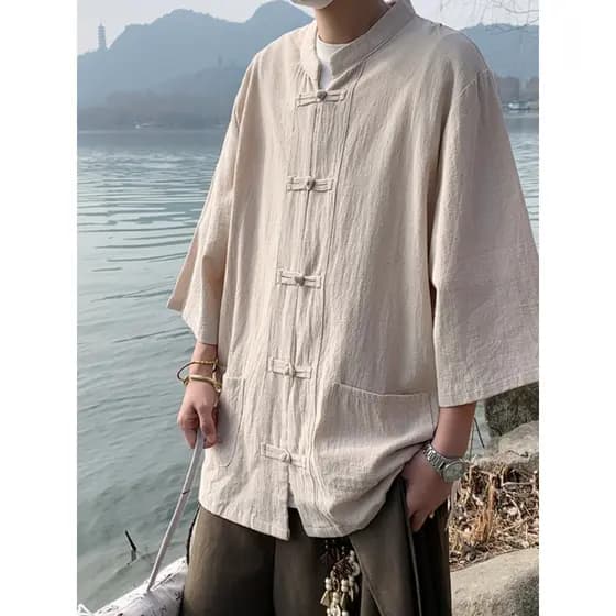 Novo estilo chinês abotoado Tang terno de linho de seda gelo camisa de manga de três quartos masculino Hanfu taoísta Rob