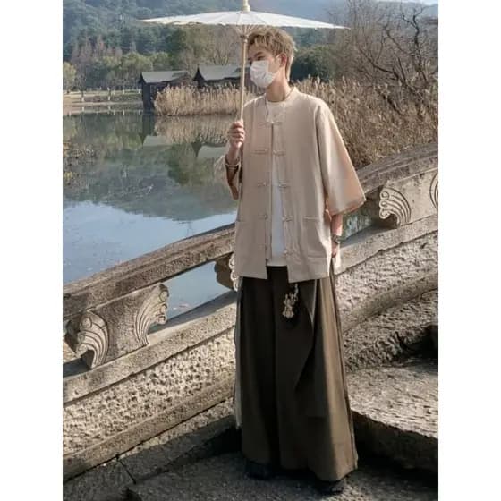 Estilo chinês linho camisa de manga de três quartos masculina verão abotoado roupas Zen estilo chinês Plus Size Tang ter