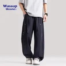 WASSUP American High Street Calças de pernas largas masculinas primavera verão Design solto All-Match calças de perna re