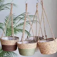 Vaso de flores de palha cesta suspensa vaso de flores pendurado pendurado na parede vaso de suspensão tecido utensílios