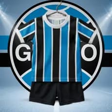 Conjunto Juvenil Infantil Gre Azul Listrado 2026 c/ Patrocinios atualizados Kit Camisa e Short Bordado com Escudo