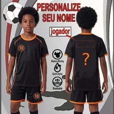 Conjunto Futebol Infantil Masculino Camisa Preto com Laranja Short Treino Dia a Dia A PRONTA-ENTREGA