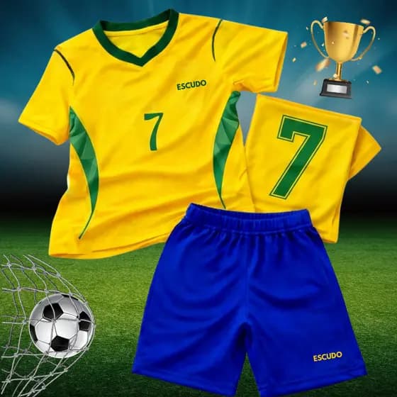 Conjunto Infantil n 7 Verde Amarelo Camisa Short Roupa para Meninos Tecido 100% Poliéster Leve e Confortável