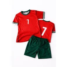 nº7 Titular Conjunto Infantil 2026 Vermelho c/ Verde Uniforme Futebol Camisa Short Masculino Uso em Quadra