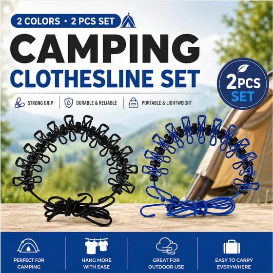 Conjunto De Varal Para Acampamento Ao Ar Livre , 2 Peças , Portátil , À Prova De Vento , Corda De Lavanderia Com Clipes