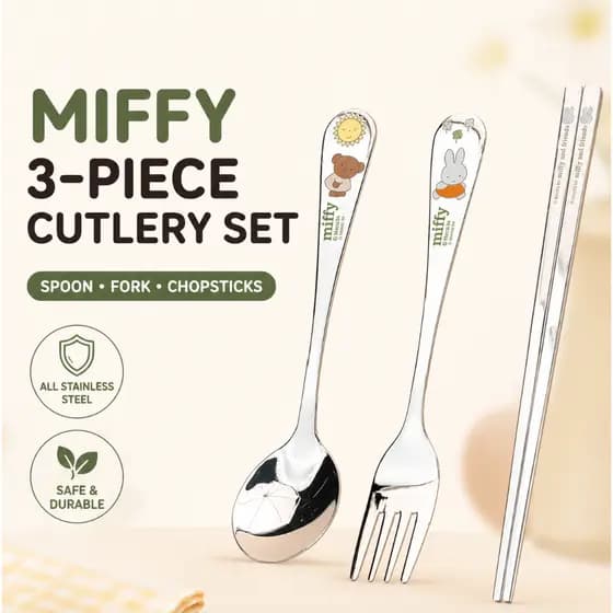 Conjunto De Pauzinhos E Garfo De Colher Totalmente Inoxidável Miffy 3 Peças Talheres Infantis
