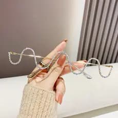 Armações de Óculos em Forma de Onda para Mulheres, Elegantes, Sem Aro, de Metal, sem Lentes, Óculos Decorados com Strass
