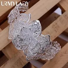 925 Prata Esterlina Jóias Pulseira Requintado Retro Charme Feminino Flores Aberturas
