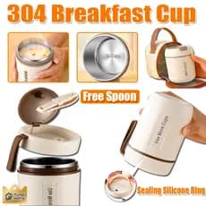Copo térmico portátil para café da manhã em aço inoxidável 304 500ml/600ml com tampa e colher