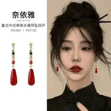 Novo estilo chinês clipes de orelha vermelhos feminino antigo estilo chinês brincos brincos sem brincos perfurados Cheon
