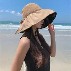 Chapéu de praia preto feminino |     Palha oca, resistente aos raios UV |     Protetor facial amplo, protege o rosto.