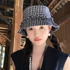 [Estoque pronto] Estilo coreano novo estilo xadrez renda balde chapéu feminino primavera verão viagem All-Match olhar ro