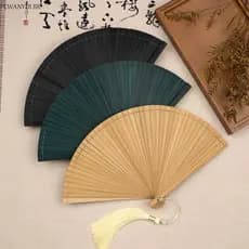 Ventilador de Bambu PEWANYDI de Cor Sólida, Portátil e Dobrável com Franja, Estilo Clássico Retrô de Quimono Chinês 7RY7